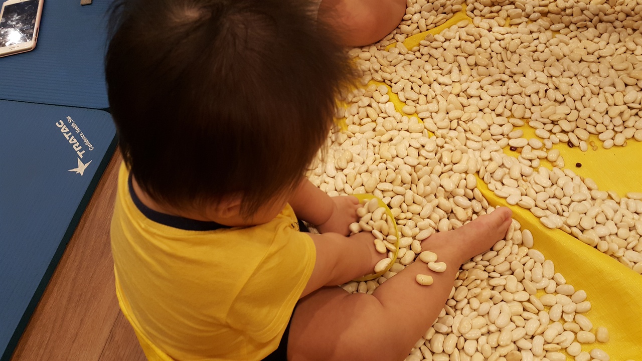 아이가 큰 콩들을 만져보고 있다.