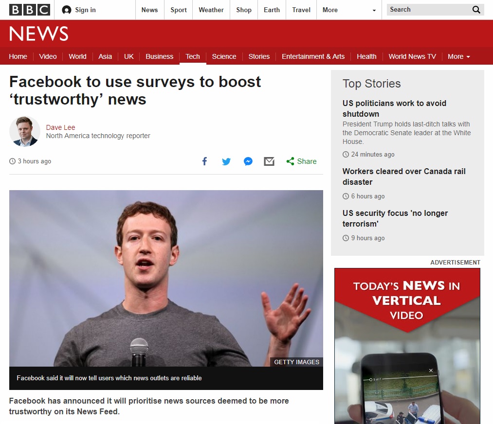 페이스북의 새로운 뉴스피드 정책을 보도하는 BBC 뉴스 갈무리.