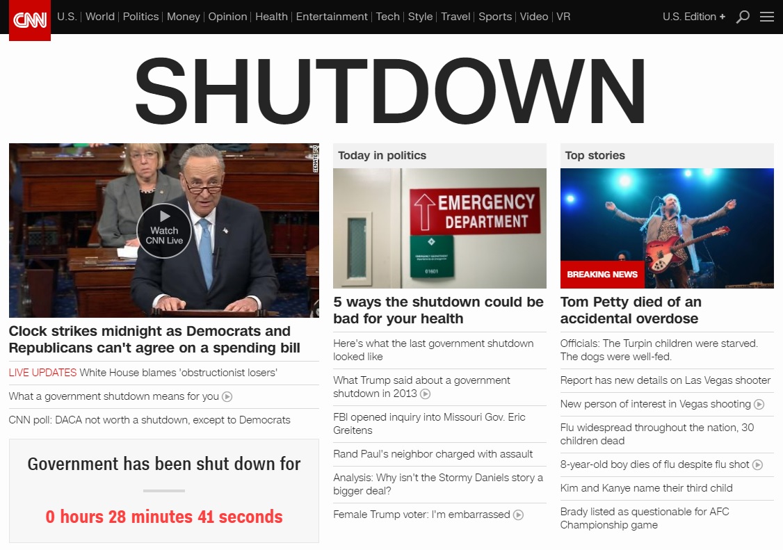 미국 연방정부 '셧다운'(일시 업무정지) 사태를 보도하는 CNN 뉴스 갈무리.