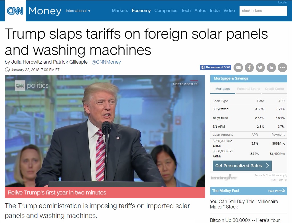 미국의 외국산 세탁기 및 태양광 셀·모듈 세이프가드(긴급수입제한조치) 발동을 보도하는 CNN 뉴스 갈무리.