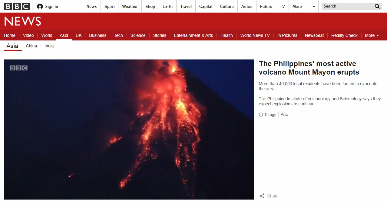필리핀 마욘 화산 분화를 보도하는 BBC 뉴스 갈무리.