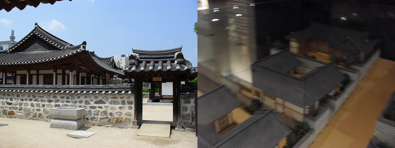 왼쪽은 전통 한옥, 오른쪽은 북촌한옥마을의 개량한옥. 왼쪽 사진은 서울 남산한옥마을에서 찍었고, 오른쪽 사진은 서울시 종로구 신문로의 서울역사박물관에서 찍었다. 
