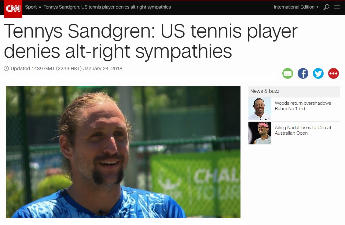  테니스 샌드그렌의 인종차별 논란을 보도하는 CNN 뉴스 갈무리.