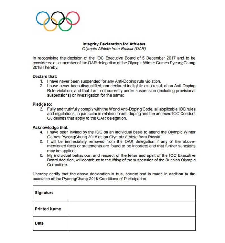  IOC가 발표한 평창 동계올림픽 기간 동안 러시아 선수들의 행동지침 서약서