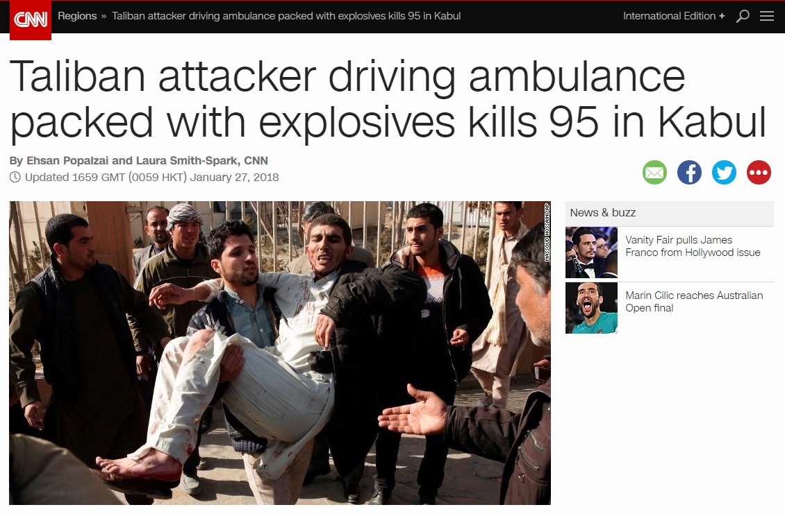 아프가니스탄 카불에서 발생한 탈레반 자폭테러를 보도하는 CNN 뉴스 갈무리.