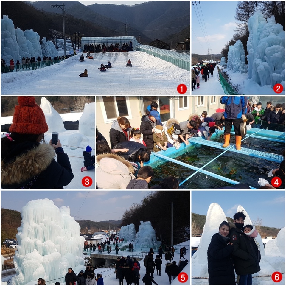 얼음분수축제장면들(1. 눈썰매장 2. 얼음분수를 찾은 관광객모습 3. 아이모습을 카메라에 담는 엄마 4. 맨손 빙어잡기 5. 거대한 얼음분수 6. 축제장을 찾은 젊은 부부)