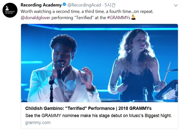  도널드 글로버(Donald Glover)의 솔로 프로젝트 차일디쉬 감비노(Childish Gambino) 역시 올해의 레코드, 앨범상 후보에 올랐으나 수상은 불발되었다.