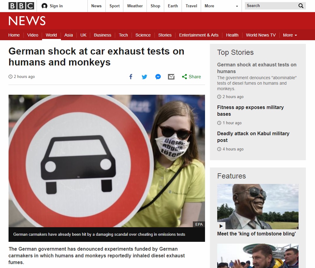 독일 자동차업계의 '인체 실험' 논란을 보도하는 BBC 뉴스 갈무리.