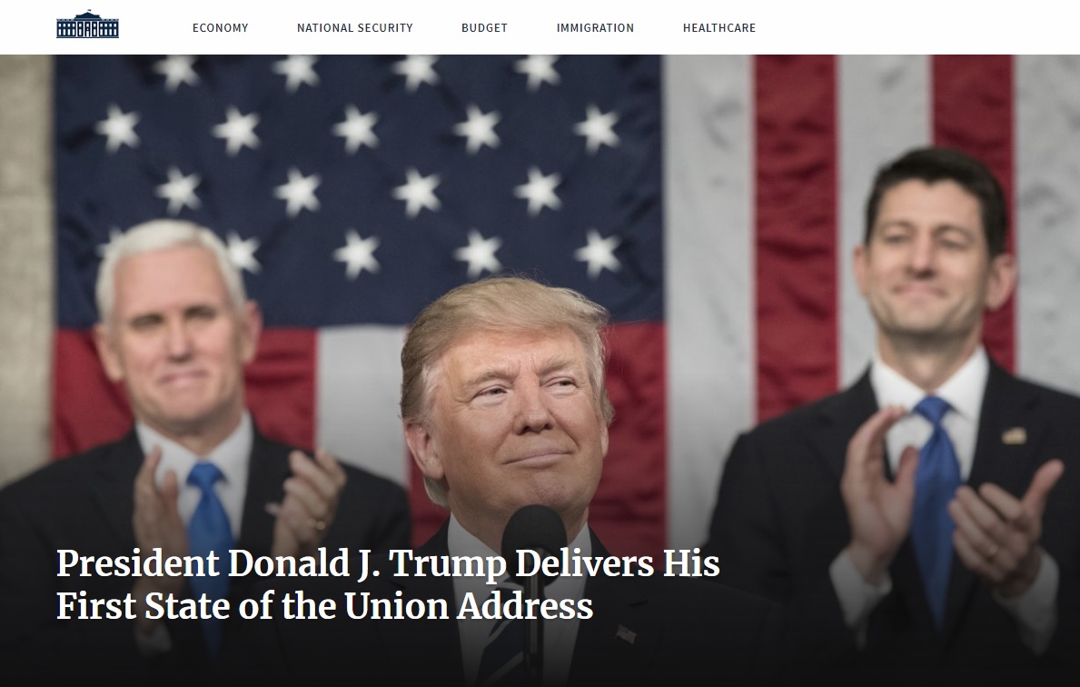 도널드 트럼프 미국 대통령의 연두교서를 발표하는 백악관 공식 홈페이지 갈무리.