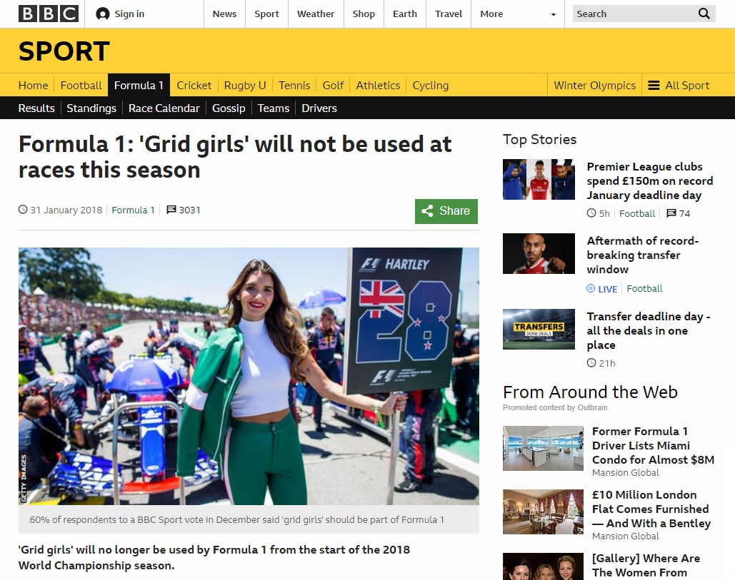  세계 자동차 경주대회 '포뮬러 원'(F1)의 그리드 걸 폐지를 보도하는 BBC 뉴스 갈무리.
