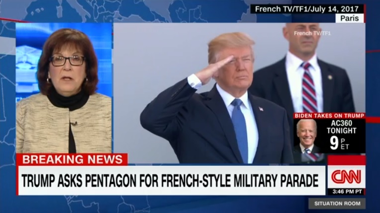 도널드 트럼프 미국 대통령의 열병식 추진을 보도하는 CNN 뉴스 갈무리.