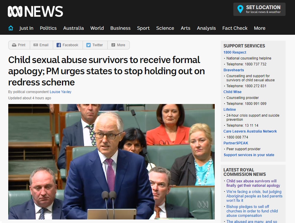 호주 정부의 아동 성 학대 피해 사죄 발표를 보도하는 ABC 뉴스 갈무리.