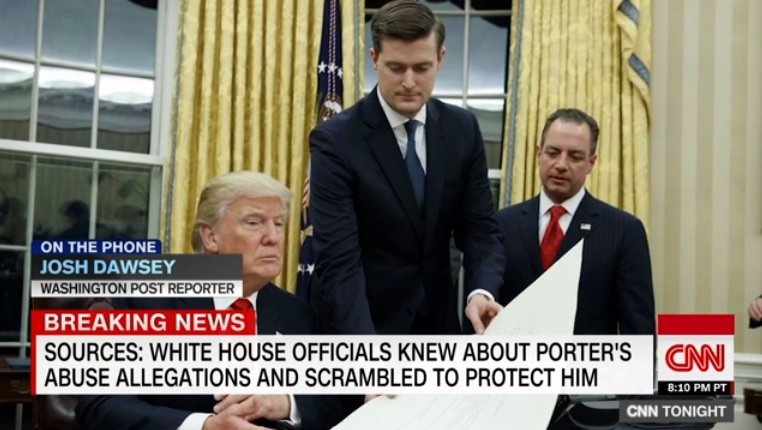 롭 포터 백악관 선임비서관(가운데)의 가정 폭력 논란을 보도하는 CNN 뉴스 갈무리.