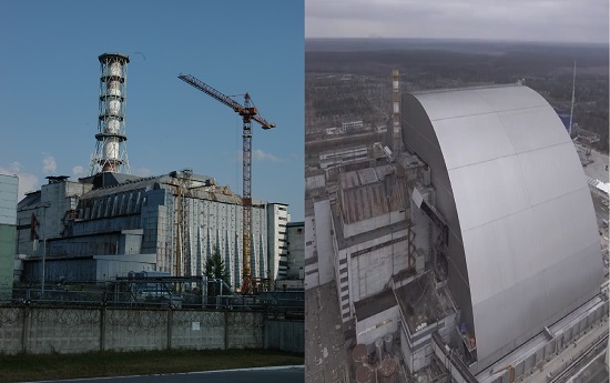 1986년 체르노빌원전 4호기 폭발 후 구소련 정부는 방사성물질 누출을 막고자 50만 명을 동원해 원자로를 덮는 콘크리트 석관을 만들었다(왼쪽). 당시 만든 구조물이 점점 부식되자 유럽부흥개발은행(EBRD) 주도로 40개국이 약 17억 유로(한화 약 2조3천억 원)을 모금, 그 위를 덮는 강철 돔을 2016년 완공했다. 하지만 체르노빌 원전 일대에서는 아직 높은 수치의 방사선이 방출되고 있으며 원자로 내부에 남은 핵연료 플루토늄 100킬로그램(kg)을 제거하는 작업은 아직 시작도 못 했다.