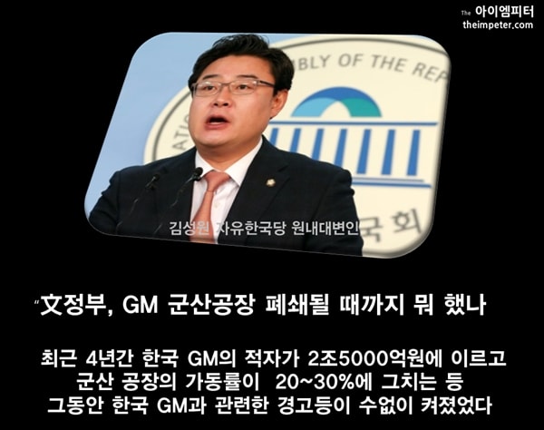 김성원 자유한국당 원내대변인 한국GM 군산공장 폐쇄에 문재인 정부는 뭐 했냐라며 비난했다.