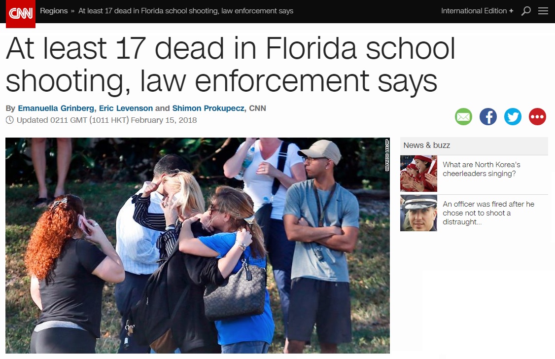 미국 플로리다주 고교에서 발생한 총기 난사 사건을 보도하는 CNN 뉴스 갈무리.