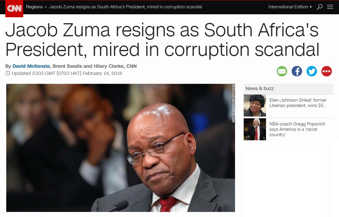 제이콥 주마 남아프리카공화국 대통령 사임을 보도하는 CNN 뉴스 갈무리.