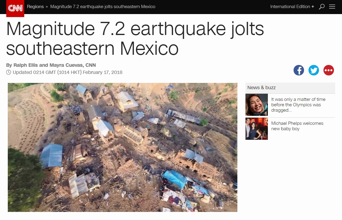 멕시코에서 발생한 규모 7.2 강진 피해를 보도하는 CNN 뉴스 갈무리.