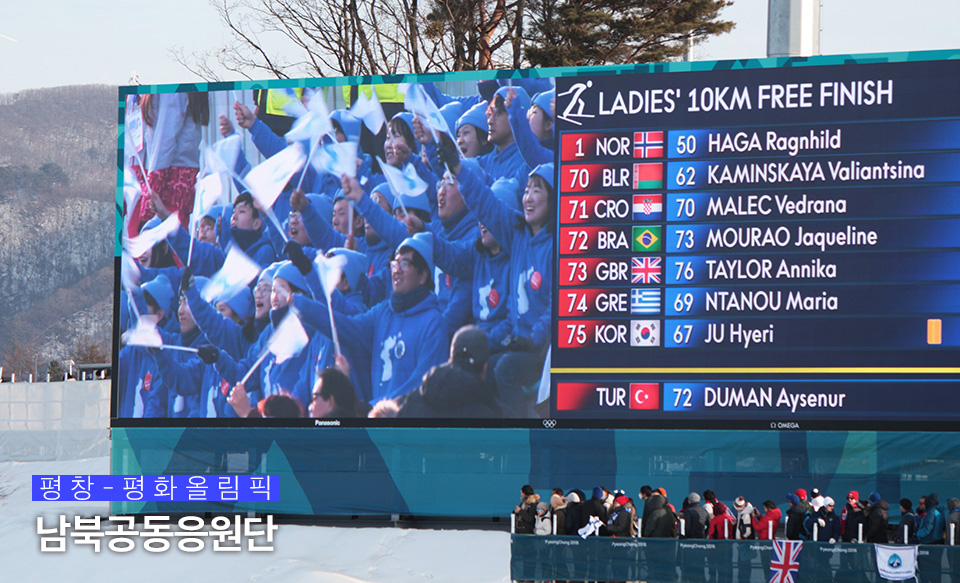 크로스컨트리 경기장, 전광판에 잡힌 남북공동응원단의 모습