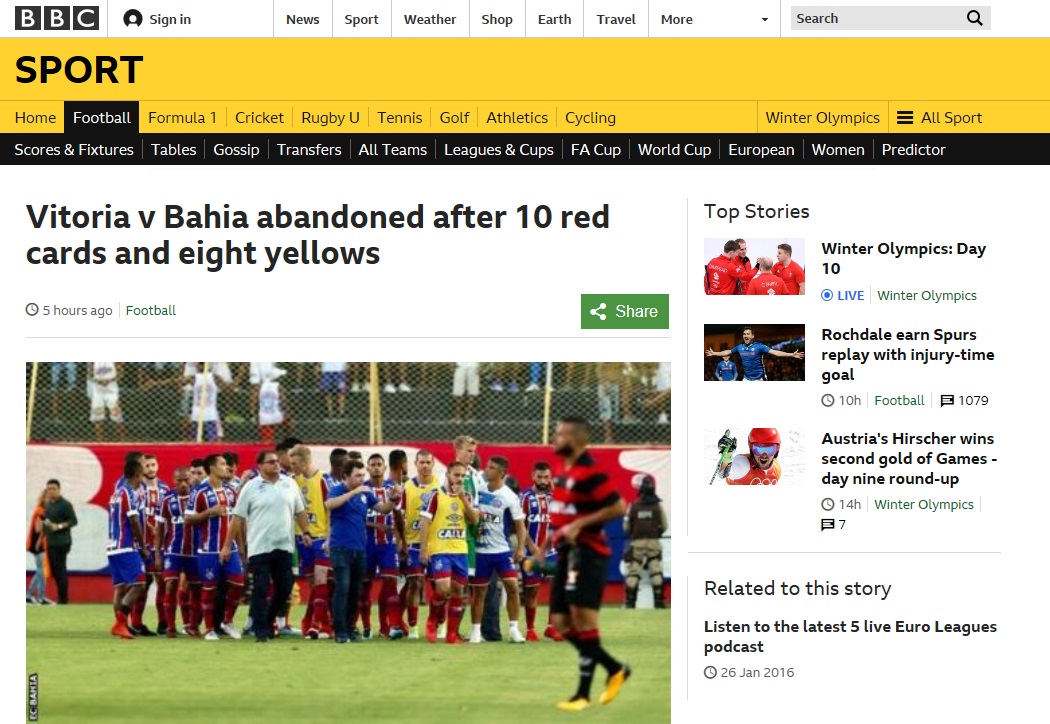  브라질 축구 리그 '10명 퇴장' 소식을 전하고 있는 BBC
