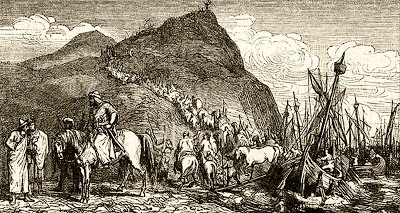 바위 산을 오르고 있는 타리크와 병사들(작자 미상)