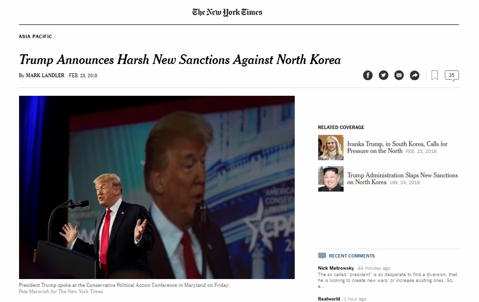 도널드 트럼프 미국 대통령의 새 대북 제재 발표를 보도하는 <뉴욕타임스> 갈무리.