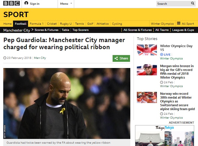  노란 리본 착용한 과르디올라 감독의 징계 관련 소식을 전하고 있는 BBC