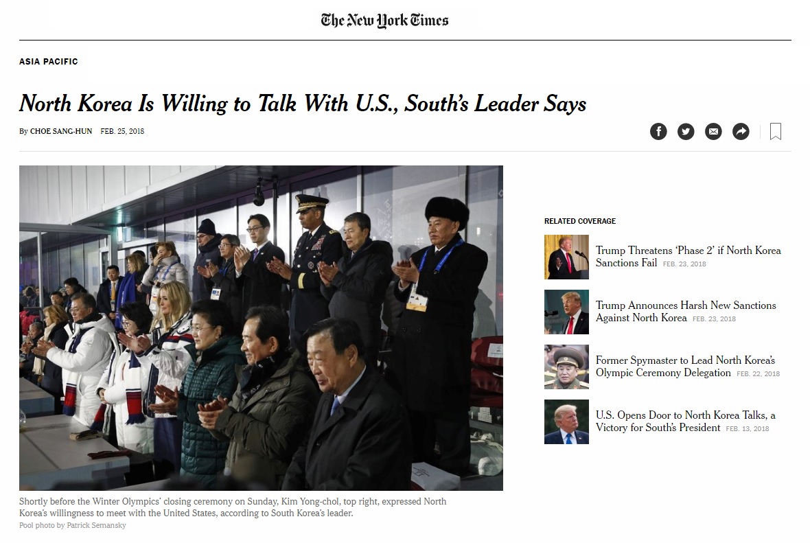 북한의 북미 대화 의향 발언을 보도하는 <뉴욕타임스> 갈무리.