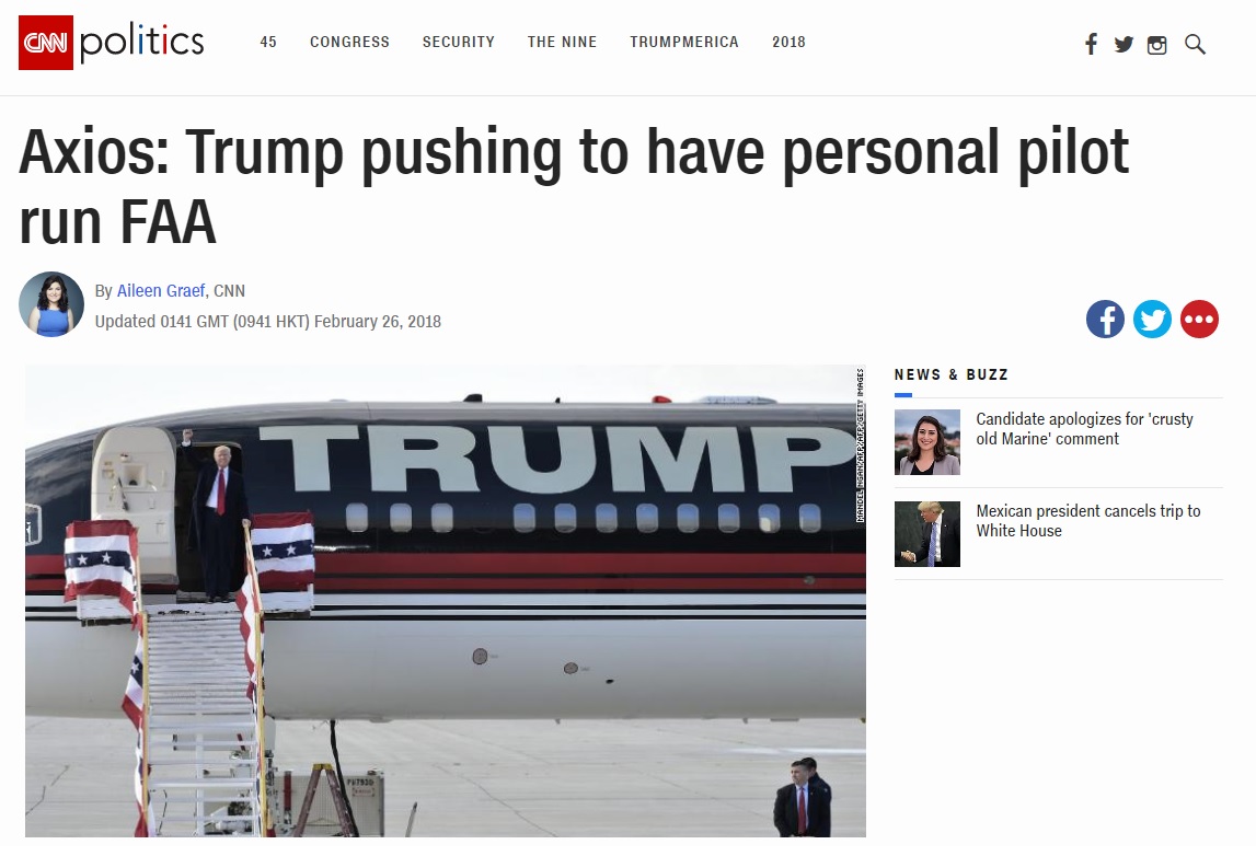 도널드 트럼프 미국 대통령의 전용기 조종사 미국연방항공청(FAA) 청장 후보 추천을 보도하는 CNN 뉴스 갈무리.