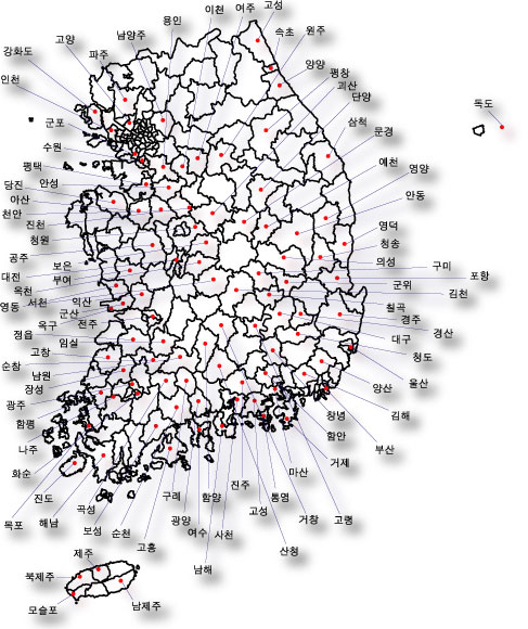 지난 2002년 범국민위에서 <오마이뉴스>에 제공한 민간인학살 지도. 당시 지도에는 학살이 자행된 지역이 총 94곳이었지만 이후 진실화해위 조사결과 700여곳으로 늘었다.