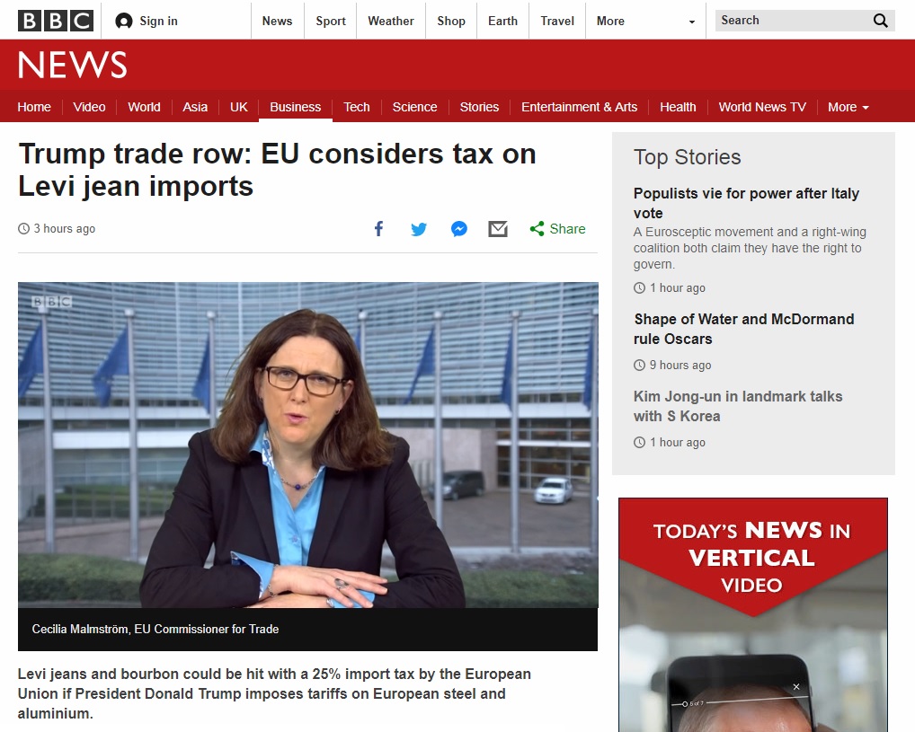 유럽연합(EU)의 미국산 청바지·주류 관세 부과 가능성을 보도하는 BBC 뉴스 갈무리.