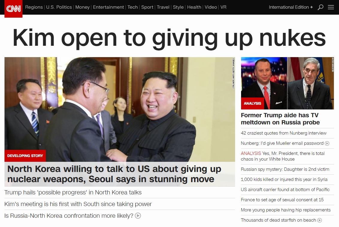 남북정상회담 개최 합의를 보도하는 CNN 뉴스 갈무리.
