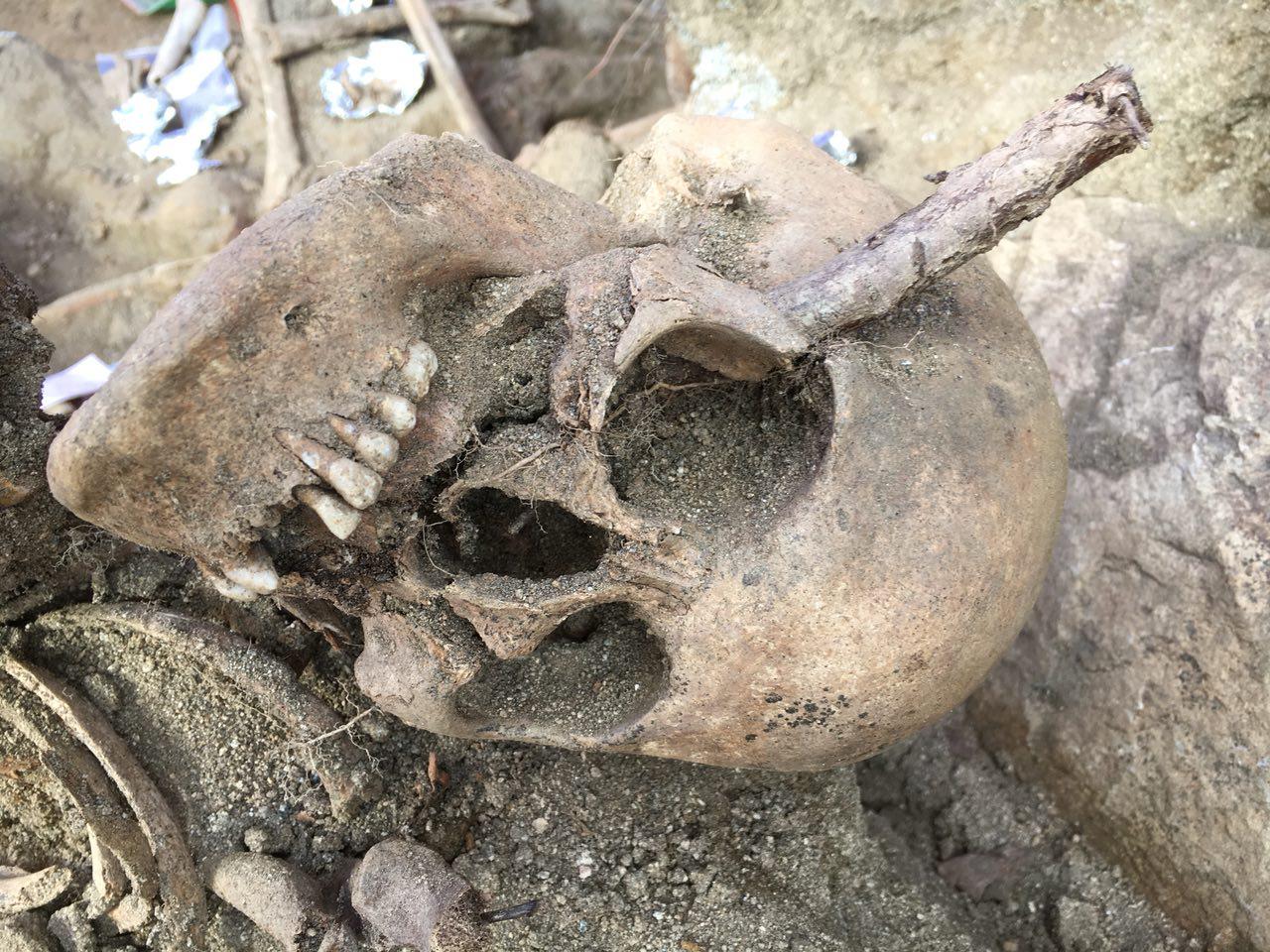 아산시 배방면 중리마을 뒷산 폐금광 유해발굴 현장에서 발굴된 희생자 유해. 지금까지 40여구를 발굴했지만 아직 폐금광 입구가 드러나지 않고 있다.  