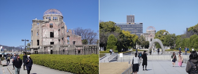 히로시마 원폭 피해를 말해주는 기념물과 평화 기념 공원입니다. 원폭이 떨어져 뼈대만 남은 건물을 잘 보존해 놓았습니다. 원폭 돔은 1996년 유네스코 세계 유산으로 지정되었습니다. 미국의 반대가 있었지만 성사되었습니다. 