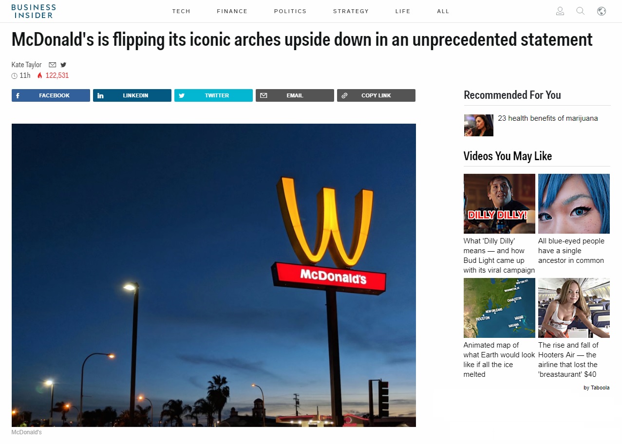 맥도날드의 로고 뒤집기 행사를 보도하는 <비즈니스인사이더> 갈무리.