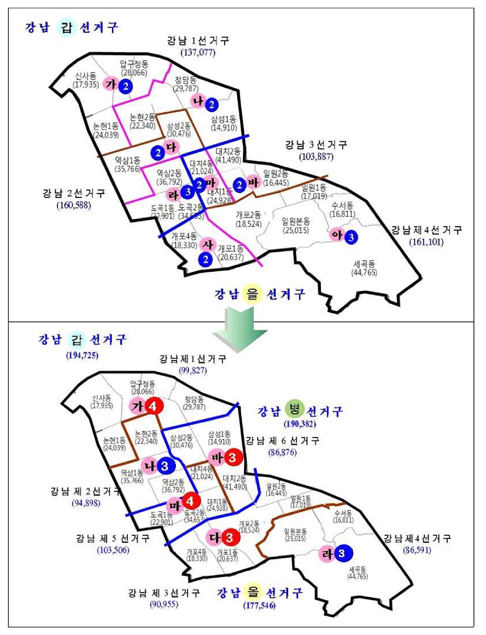 서울 강남구선거구 조정 전과 후