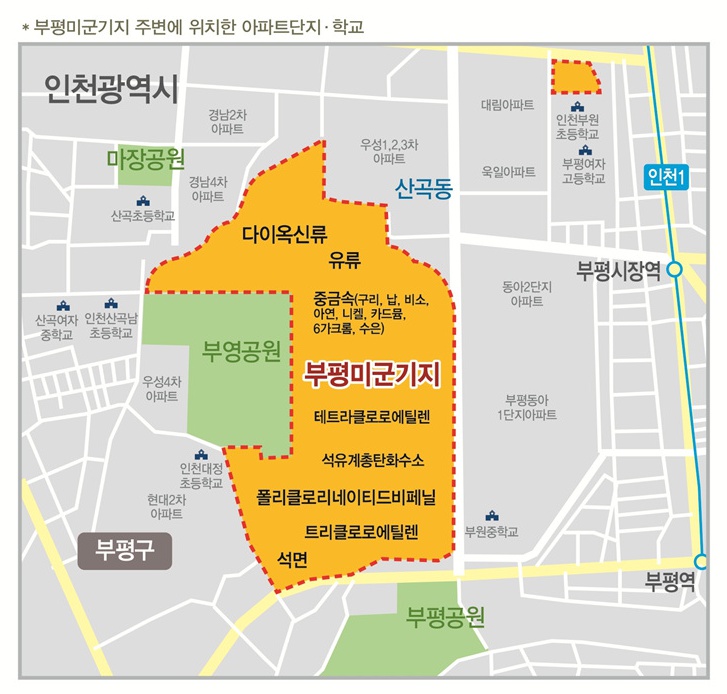 부평미군기지 주변에 위치한 아파트단지, 학교 ⓒ 인천뉴스