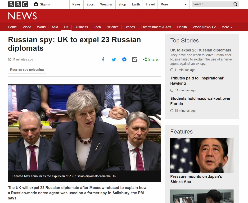 테리사 메이 영국 총리의 러시아 외교관 추방 발표를 보도하는 BBC 뉴스 갈무리.