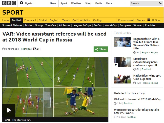  러시아 월드컵 VAR 시스템 도입 소식을 전하는 BBC
