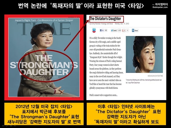 2012년 미국 시사잡지 <타임>은 박근혜 당시 대선 후보의 사진과 함께 스토롱맨의 딸이라고 표현했다. 새누리당은 강력한 지도자의 딸이라고 주장했지만 이후 <타임>은 인터넷판에서 독재자의 딸이라고 표현했다.