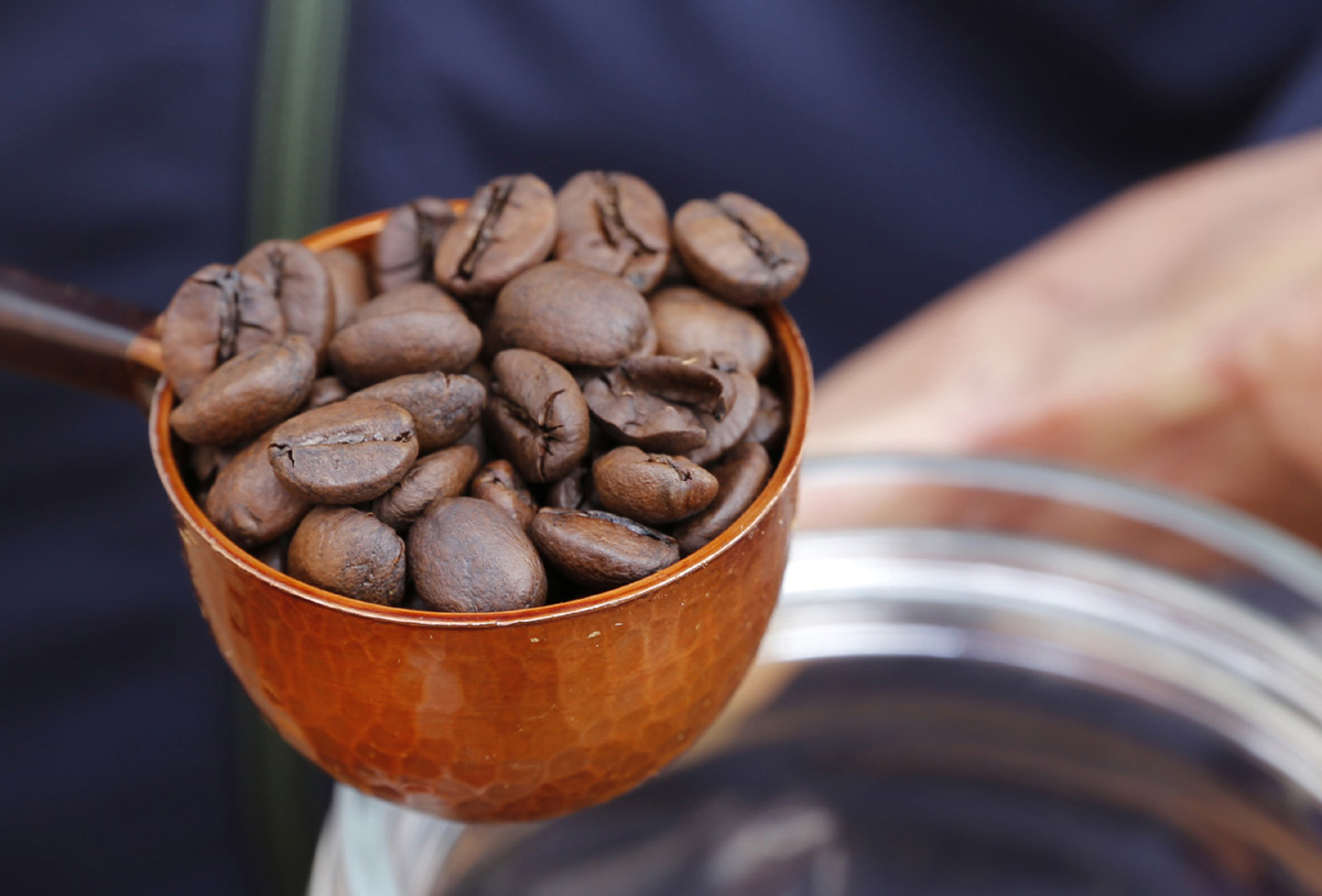 담양커피농장에서 키운 열매를 따서 볶은 커피. 임영노 씨가 커피체험을 위해 볶은 커피를 덜어 분쇄기로 옮기고 있다.