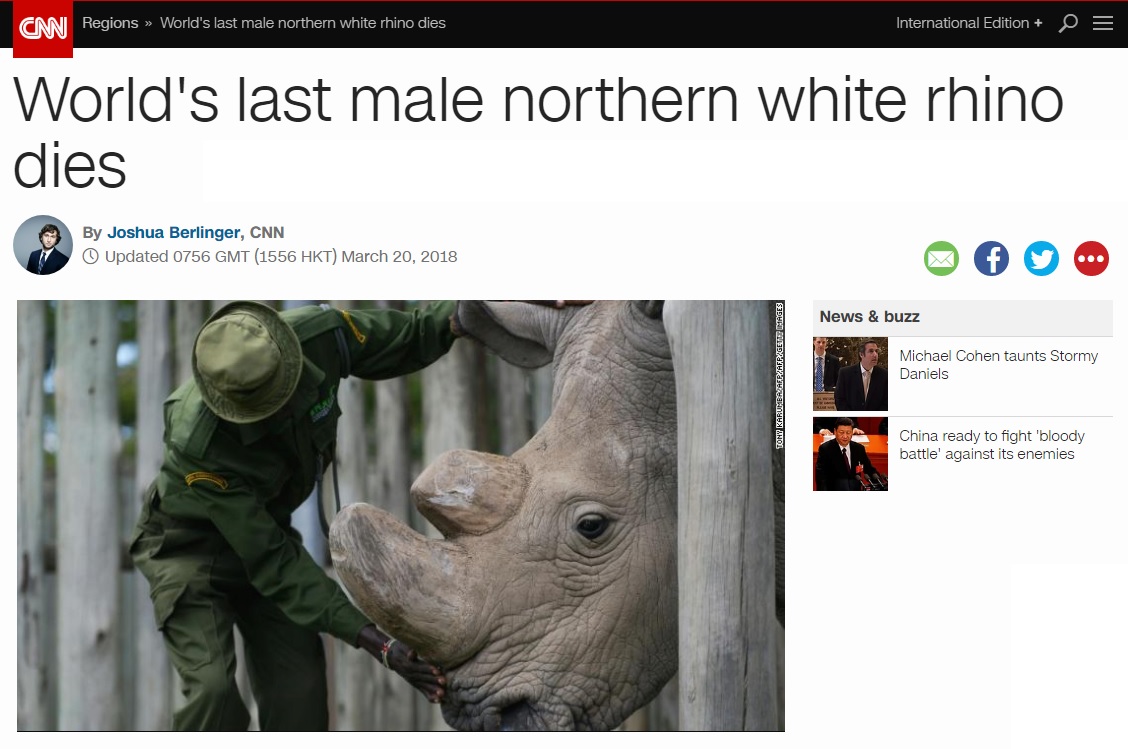 세계에서 마지막 남은 북부 흰코뿔소 수컷 '수단'의 죽음을 보도하는 CNN 뉴스 갈무리.
