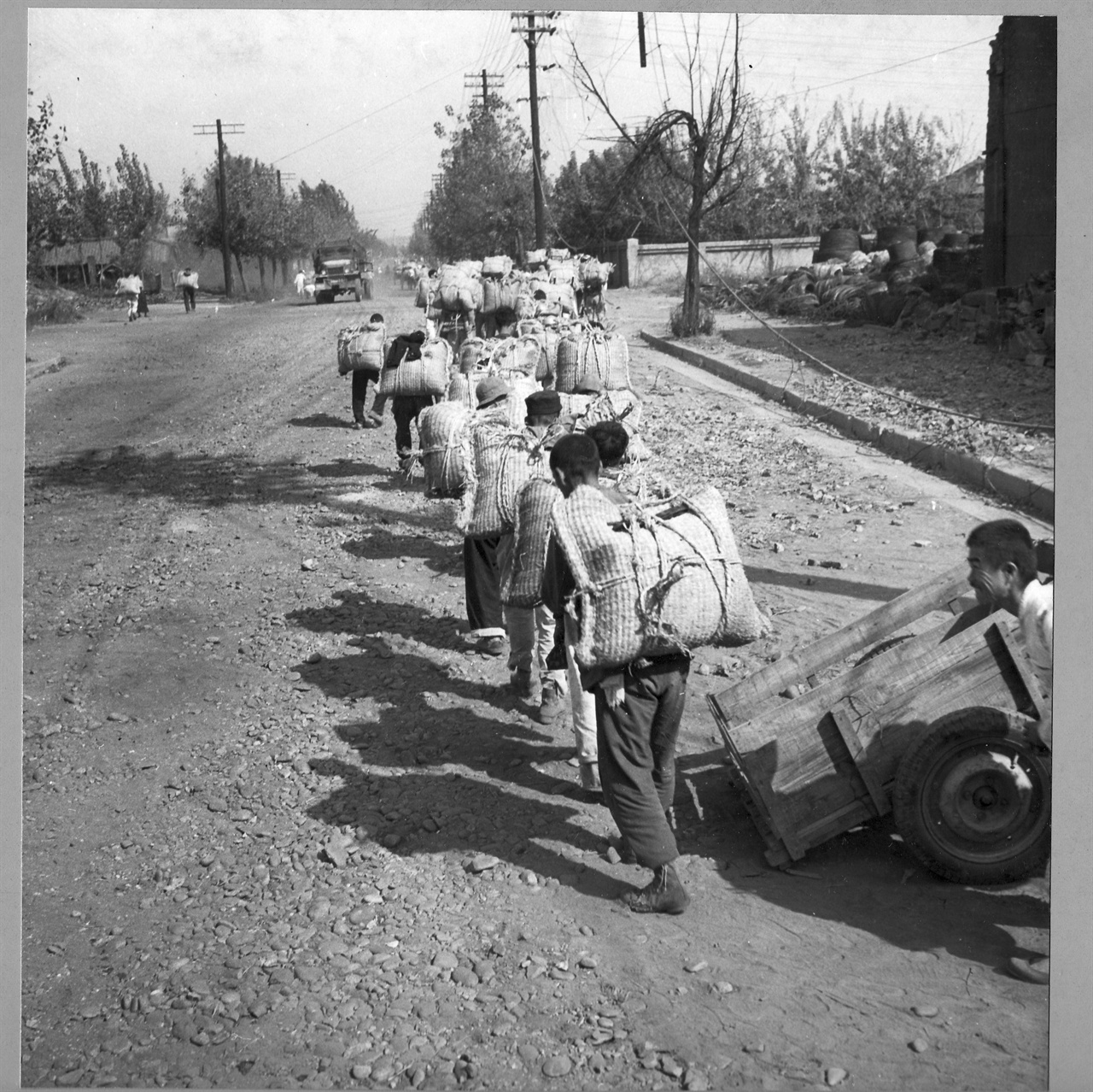 1950. 10. 서울, 한강나루터에서 쌀가마니를 등으로 져다 나르는 노동자들.