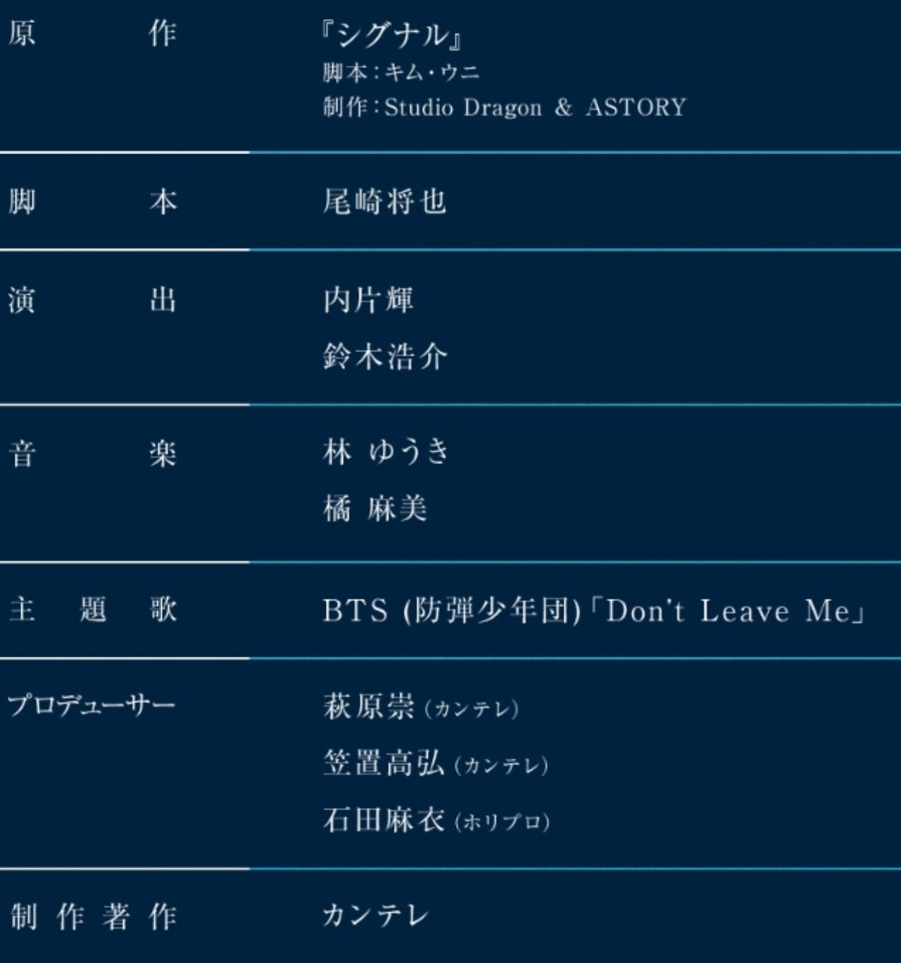 시그널 주제곡  일본판 '시그널' 홈페이지 속 주제곡 BTS(방탄소년단) 'Don't Leave Me'