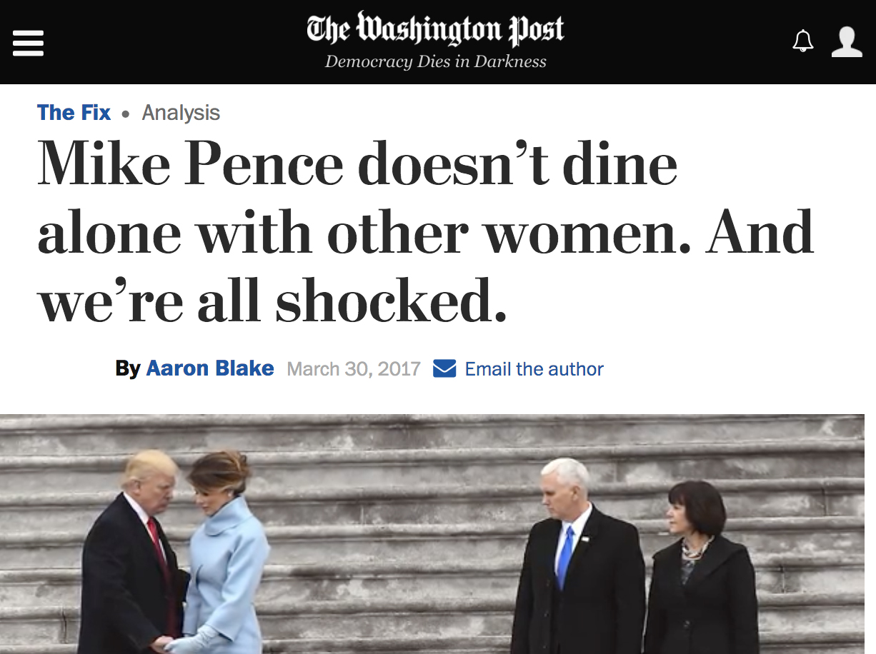 이른바 '펜스룰'을 다룬 <워싱턴포스트> 기사. "마이클 펜스는 혼자서 다른 여자와 식사하지 않는다고 말했고, 우리는 모두가 놀랐다."