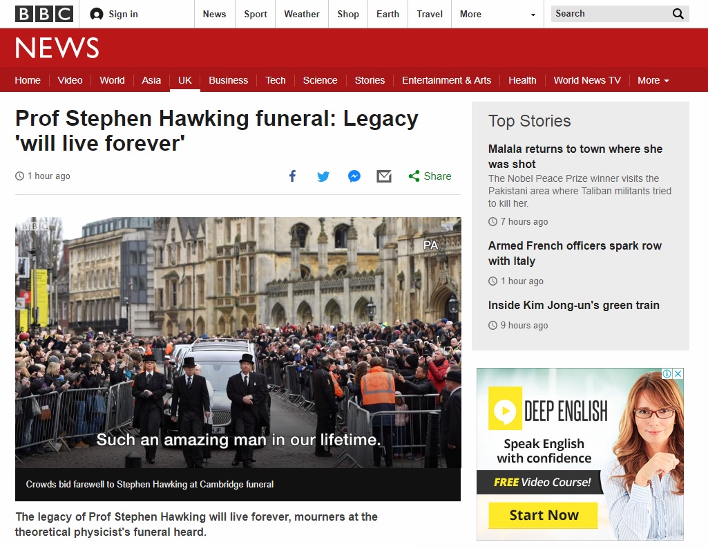  스티븐 호킹 박사의 장례식을 보도하는 BBC 뉴스 갈무리.