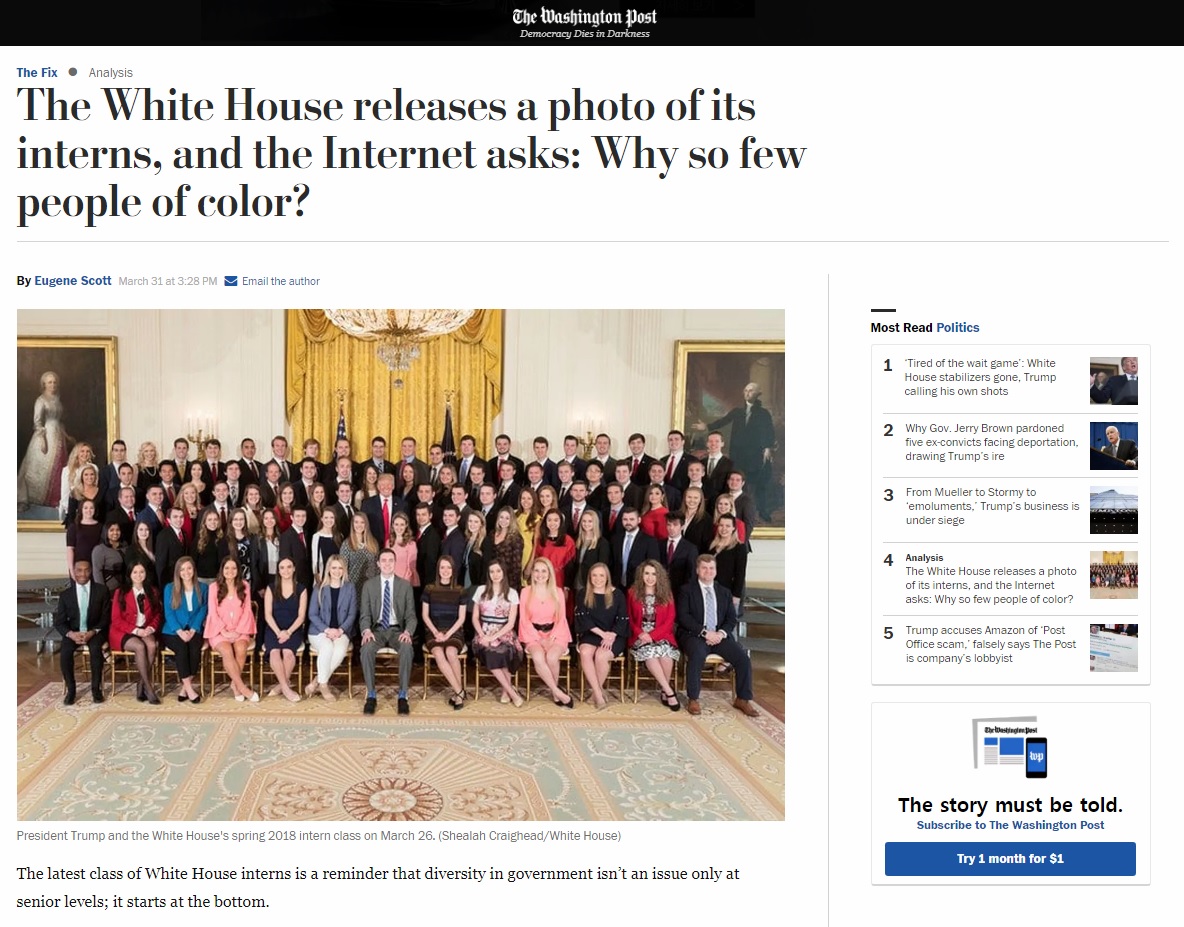 백인 위주의 백악관 인턴 단체 사진 논란을 보도하는 <워싱턴포스트> 갈무리.