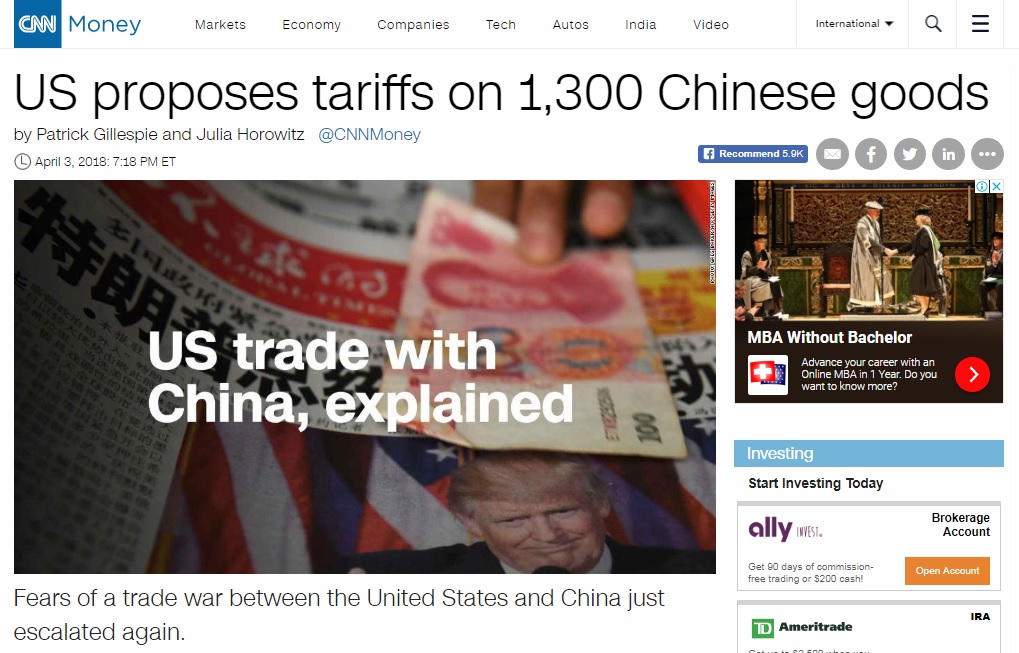 미국의 중국산 수입품 고관세 부과를 보도하는 CNN 뉴스 갈무리.