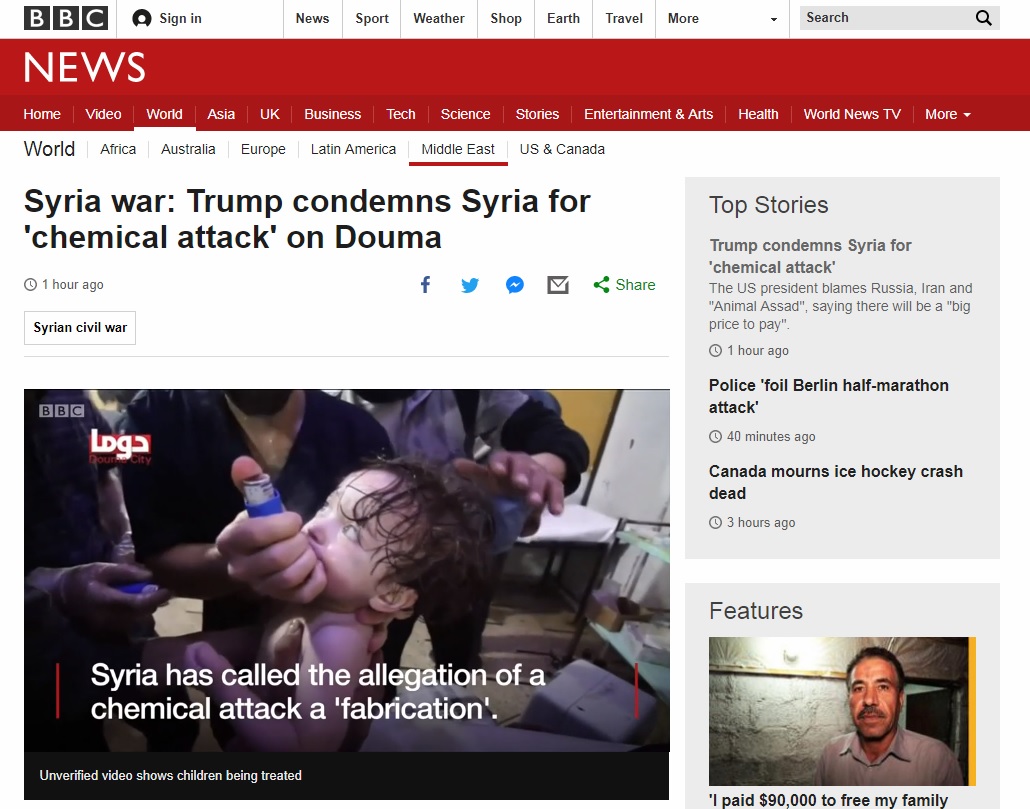 시리아 반군 지역 동구타에서 발생한 화학무기 공격 피해를 보도하는 BBC 뉴스 갈무리.