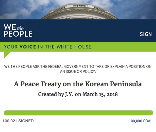 한반도 평화협정 체결을 촉구하는 서명이 10만 명을 돌파했다.